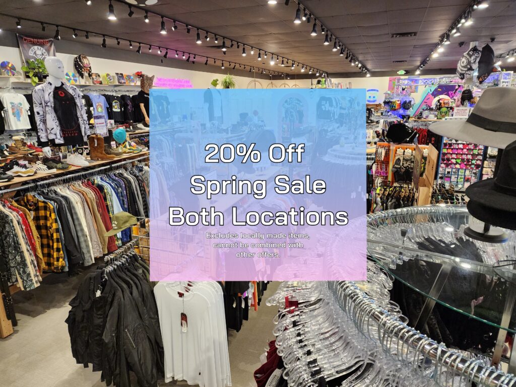 "Promotional graphic for iconoCLAD's 'Too Full' Spring Sale, featuring a playful and colorful design. Text announces a 20% discount at Utah's favorite new and secondhand boutiques, highlighting featured brands like Tripp NYC, Demonia, J. Valentine, and Roma. The image conveys a sense of excitement and urgency for the sale, inviting customers to refresh their spring wardrobe with unique and eclectic finds.