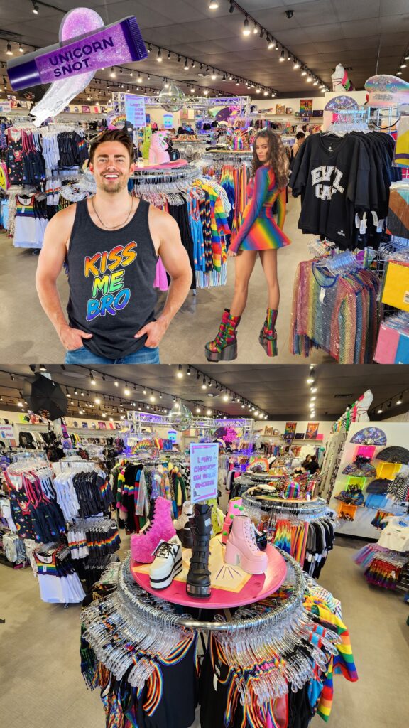 A colorful display of rainbow-themed outfits, including tops, skirts, and pants, perfect for Utah Pride.