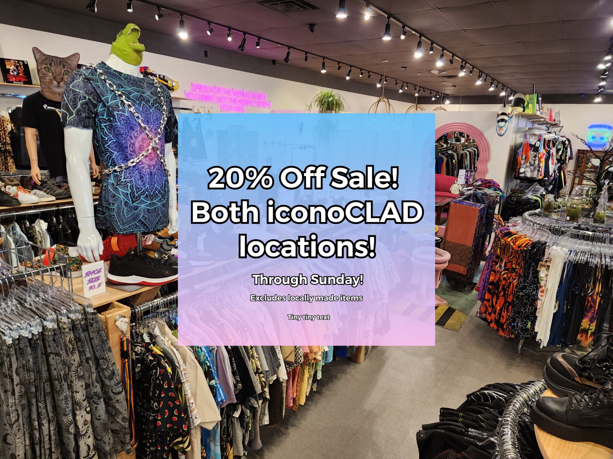 😎"Too Full" Summer Sale at both iconoCLAD locations starting today until Sunday... probably! That's 20% off* both of Utah's Best New & Secondhand Boutiques including all of those baggy denim Tripp NYC pants, Demonia boots, & the latest releases from J. Valentine, Roma, Lip Service, Sugarpuss & more! Our secondhand racks are packed, so if you're going to get ready for those summer festivals, do it now! *Excludes locally made items.🌟